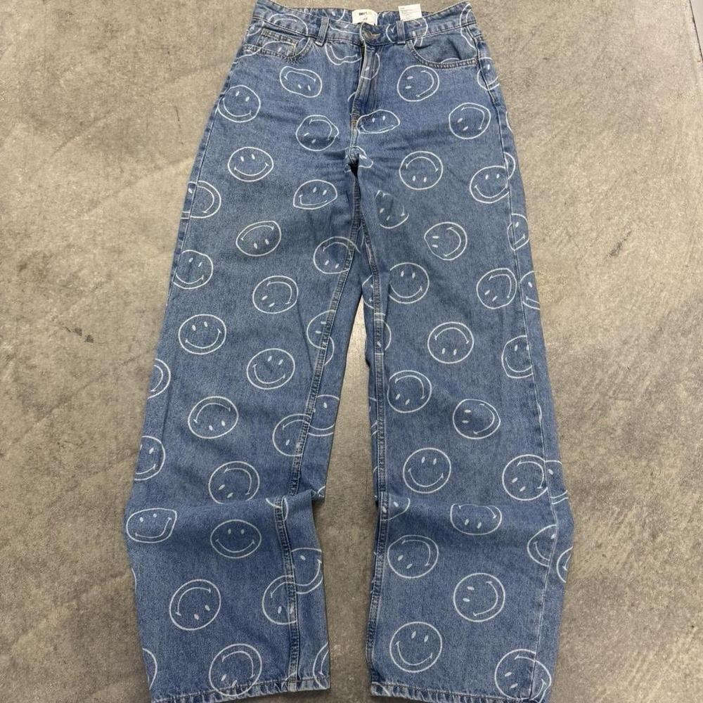 Women's  Smiley X H&M 100% Cotton Wide Leg Jeans Trendy Fun Festival Pant Size 2